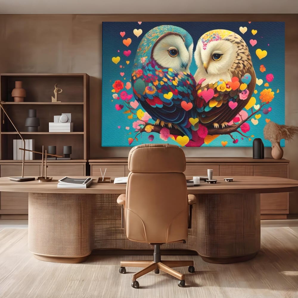 Tablou canvas cu tablou canvas cu doua bufnite colorate si inimi, fara rama, pe sasiu de lemn, pe perete intr-un birou